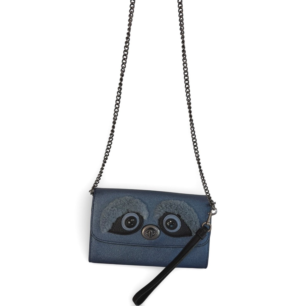 Coach Bear Chain Crossbody Metallic Navy Leather Shearling Eyes Clutch Wristlet - Picture 2 of 14